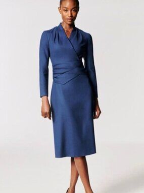 NWT The Fold London Westbury Dress Navy Wool Wrap Midi Long Sleeve US 14